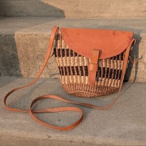 Woven Sisal Bag with Leather Cross Body Bag